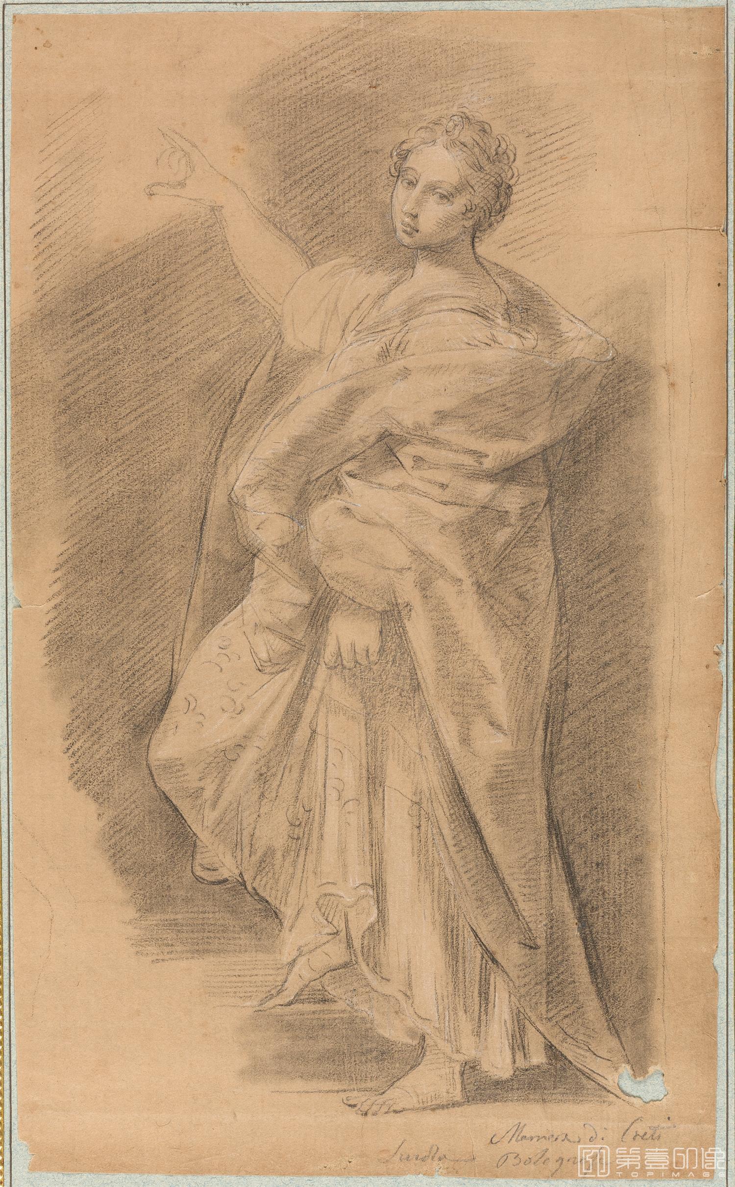 素描-西班牙普拉多美术馆素描藏画-Anonimo-Figura femenina envuelta en un manto-0263